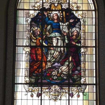 One of the many stained glass windows at the Basilica of our Lady of the Angels